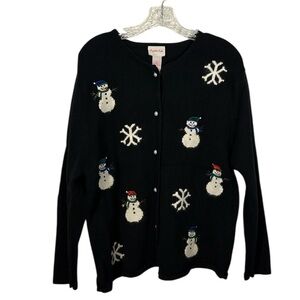 Crystal Kobe Christmas Sweater Snowman Snowflake Cardigan M Black Holiday Winter